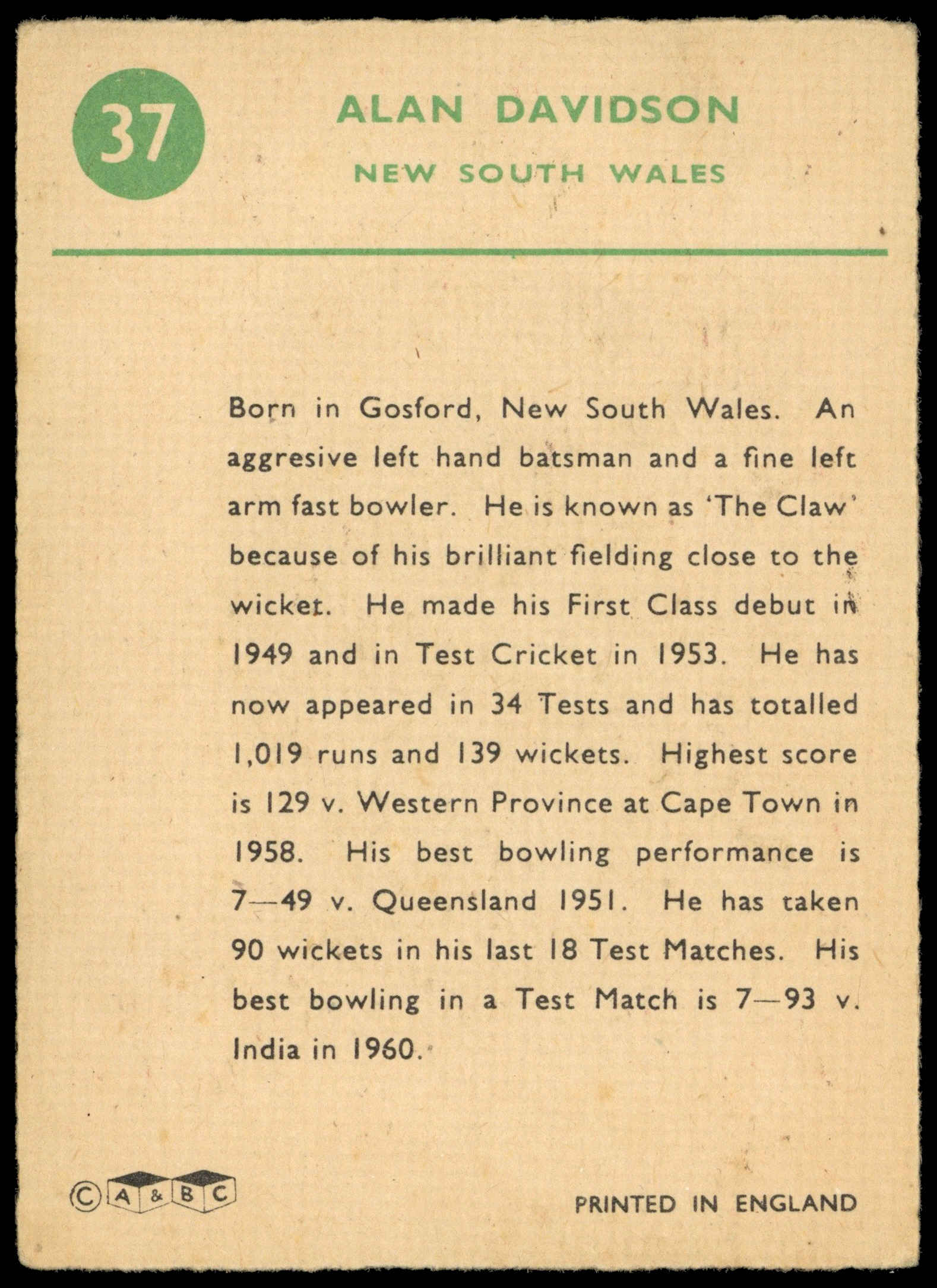 A&BC - 'Cricketers 1961 (90 x 64)' (1961) - #37 - Alan Davidson (NSW) A&BC - 'Cricketers 1961 (90 x 64)' (1961) - #37 - Alan Davidson (NSW)