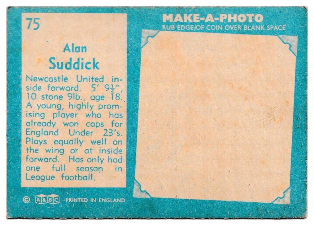 A&BC - 'Footballers (1963/64 - English Series 2)' - Card #75 - Alan Suddick (Newcastle Utd) A&BC - 'Footballers (1963/64 - English Series 2)' - Card #75 - Alan Suddick (Newcastle Utd)
