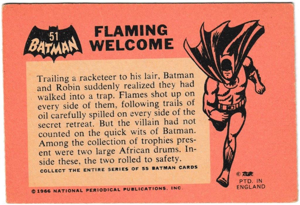 A&BC - 'Batman (Pink Back)' (1966) - Card #51 - Flaming Welcome A&BC - 'Batman (Pink Back)' (1966) - Card #51 - Flaming Welcome
