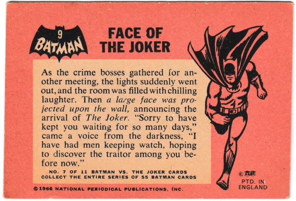 A&BC - 'Batman (Pink Back)' (1966) - Card #9 - Face Of The Joker A&BC - 'Batman (Pink Back)' (1966) - Card #9 - Face Of The Joker