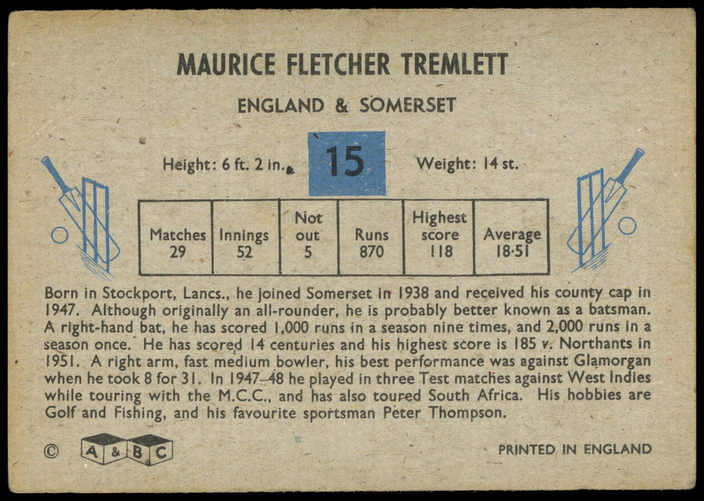 A&BC - 'Cricketers' (1959) - #15 - Maurice Tremlett (Somerset) A&BC - 'Cricketers' (1959) - #15 - Maurice Tremlett (Somerset)
