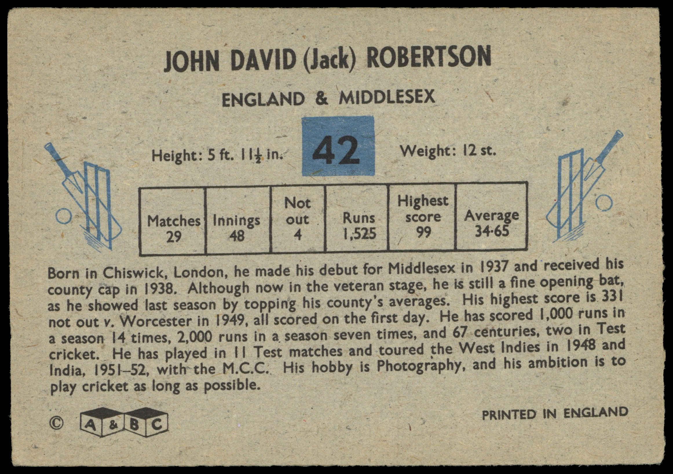 A&BC - 'Cricketers' (1959) - #42 - Jack Robertson (Middlesex) A&BC - 'Cricketers' (1959) - #42 - Jack Robertson (Middlesex)