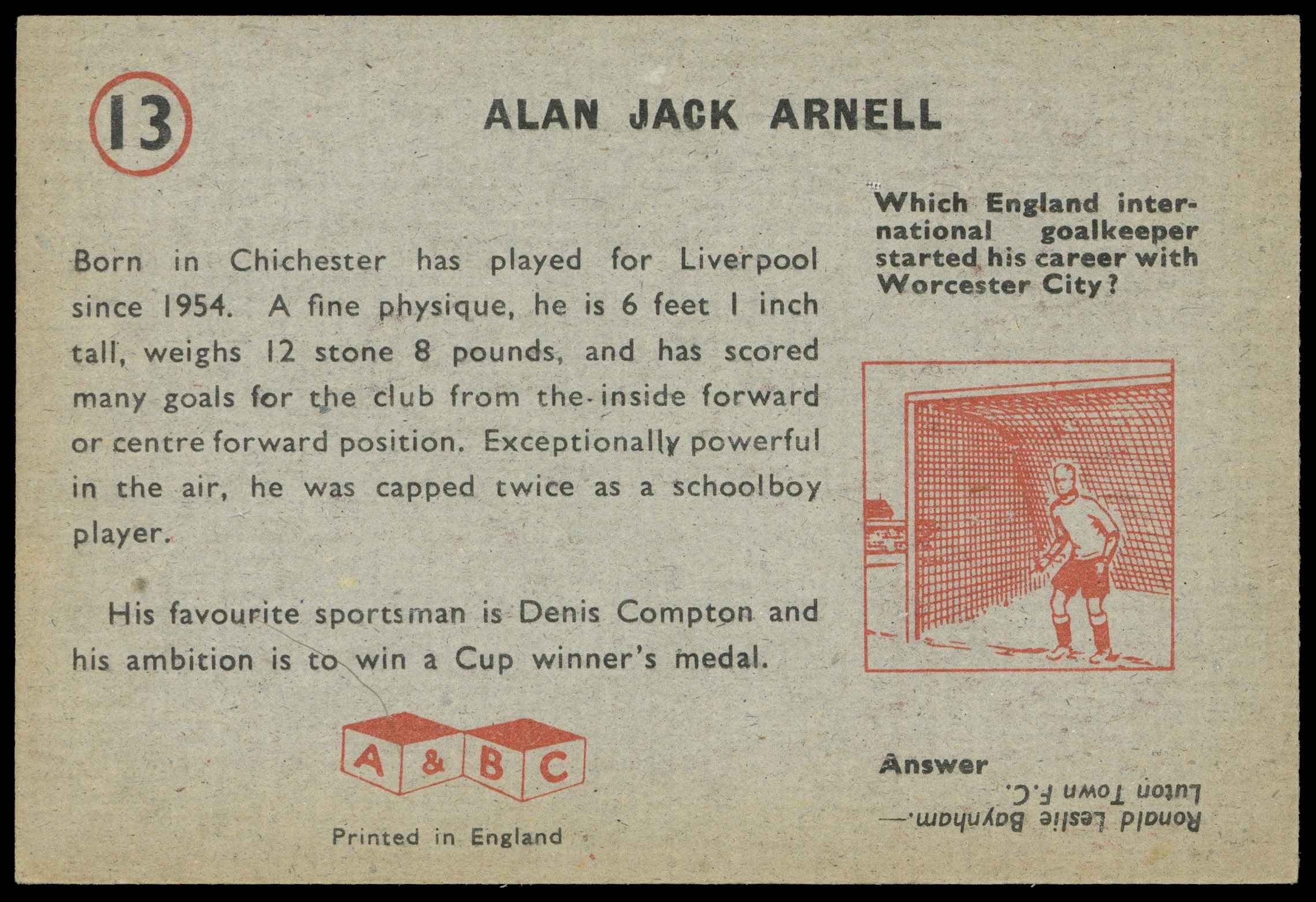 A&BC - 'Footballers (1958/59 Planet)' (1958) - Alan Arnell (Liverpool) A&BC - 'Footballers (1958/59 Planet)' (1958) - Alan Arnell (Liverpool)