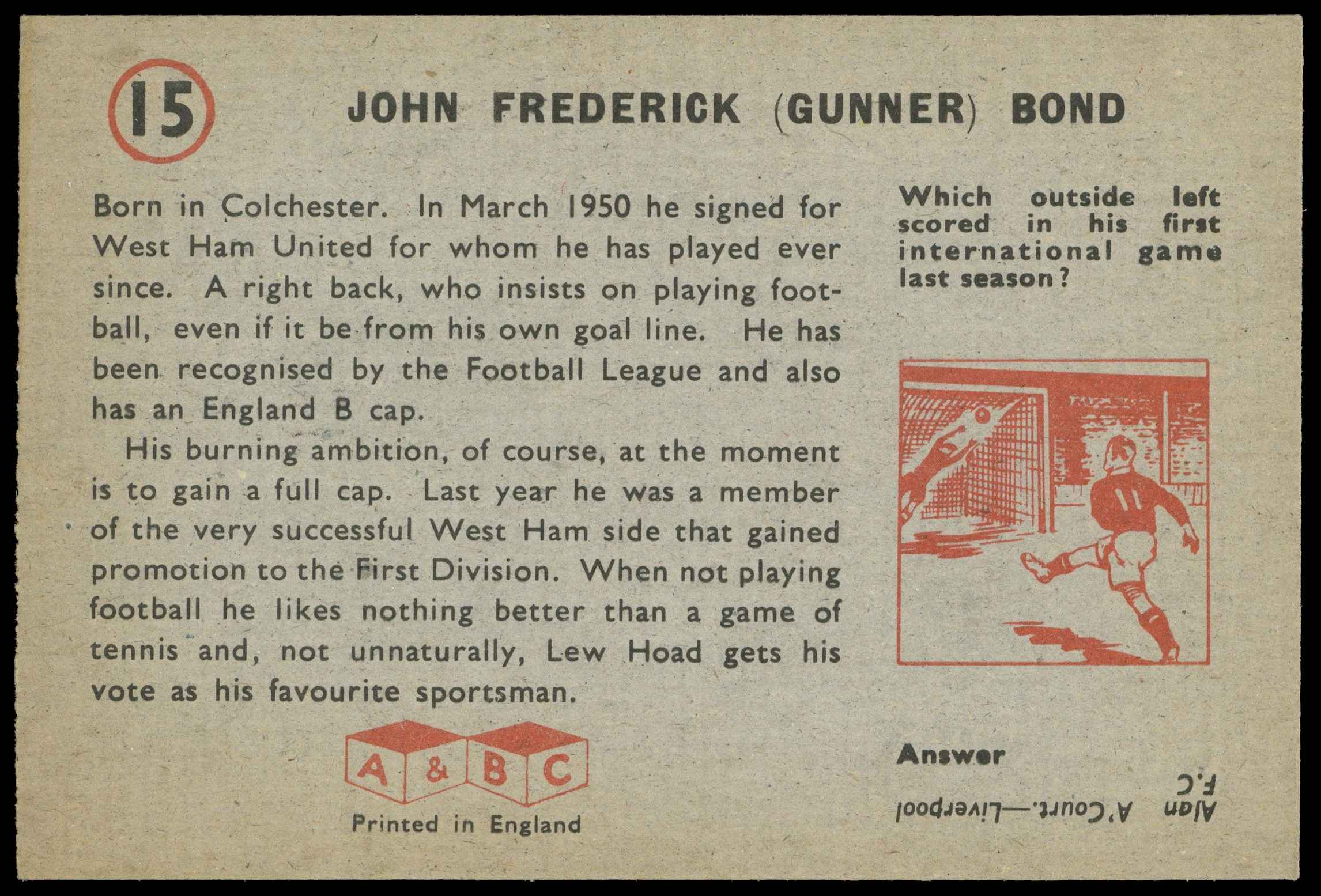 A&BC - 'Footballers (1958/59 Planet)' (1958) - John Bond (West Ham) A&BC - 'Footballers (1958/59 Planet)' (1958) - John Bond (West Ham)