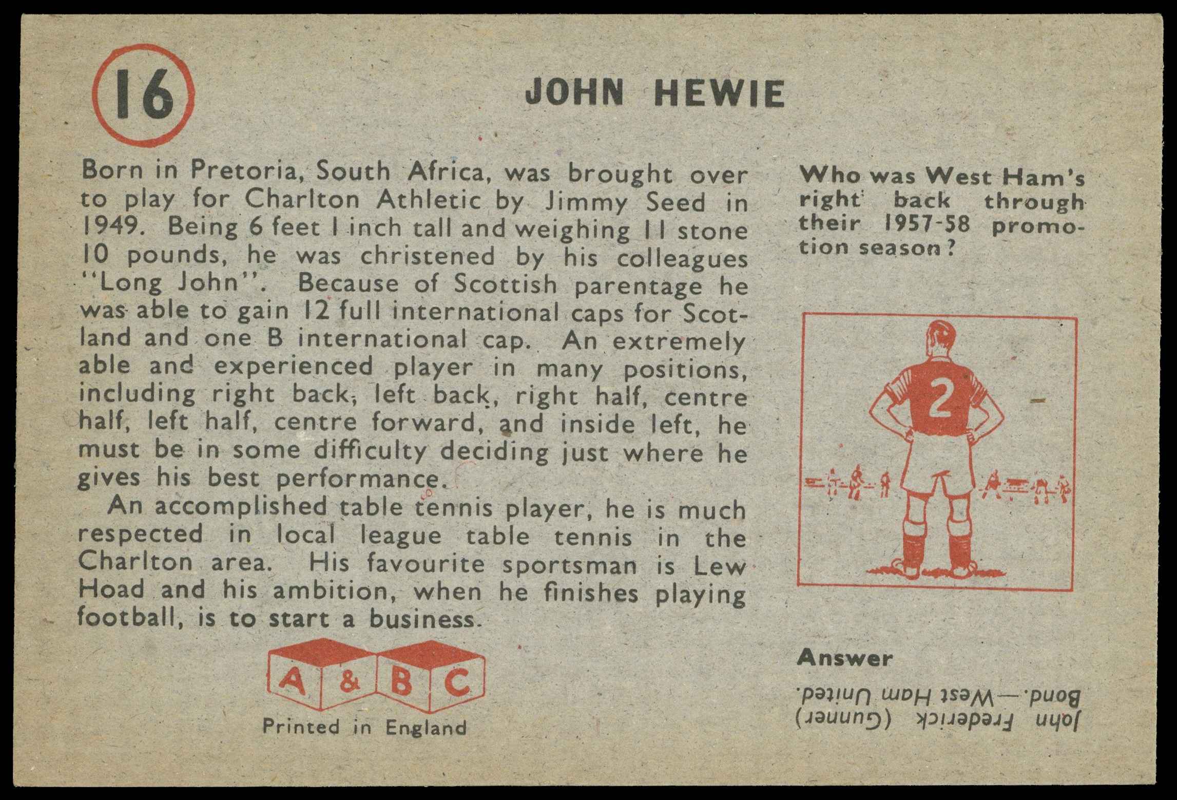 A&BC - 'Footballers (1958/59 Planet)' (1958) - John Howie (Charlton) A&BC - 'Footballers (1958/59 Planet)' (1958) - John Howie (Charlton)