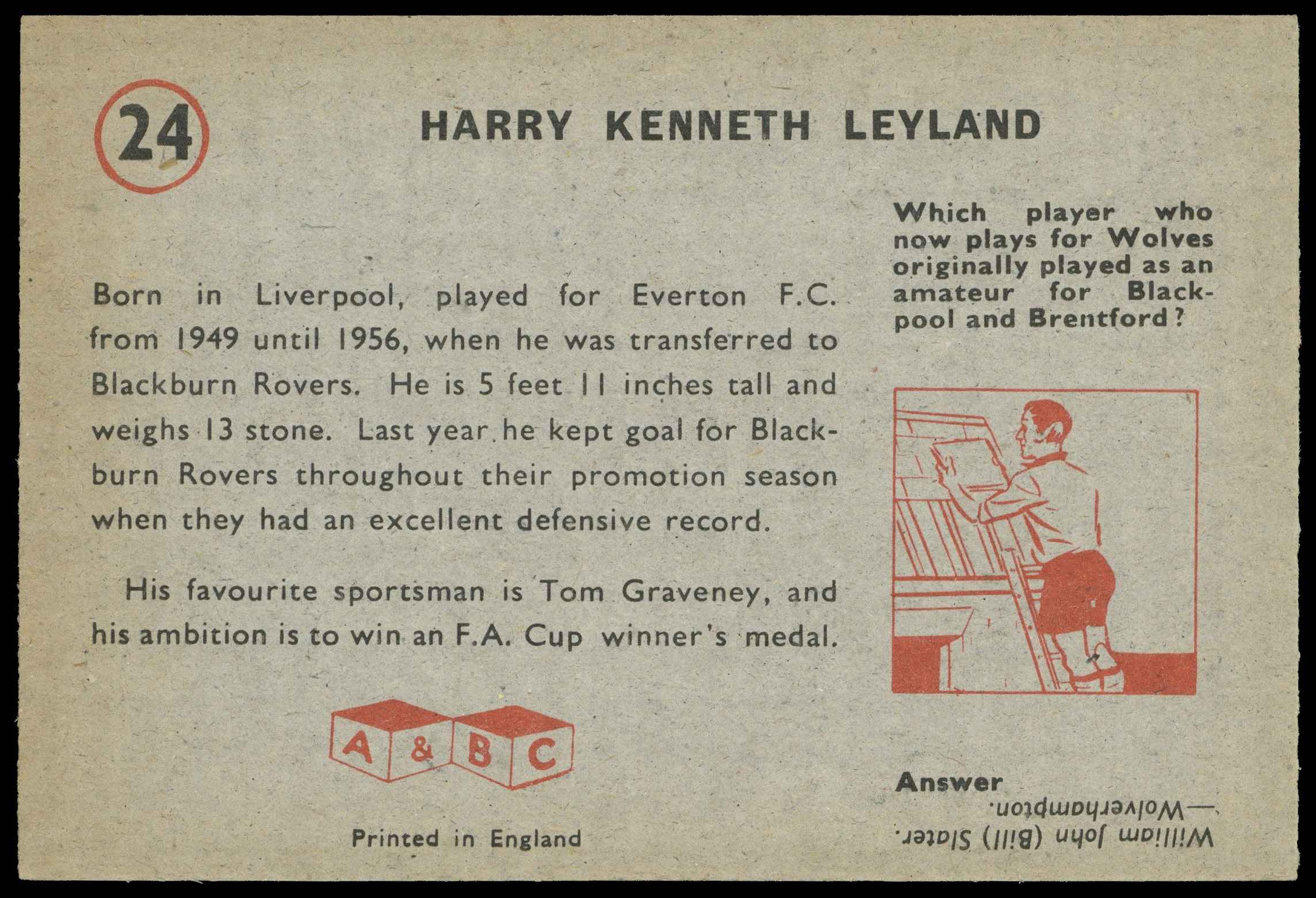 A&BC - 'Footballers (1958/59 Planet)' (1958) - Harry Leyland (Blackburn) A&BC - 'Footballers (1958/59 Planet)' (1958) - Harry Leyland (Blackburn)