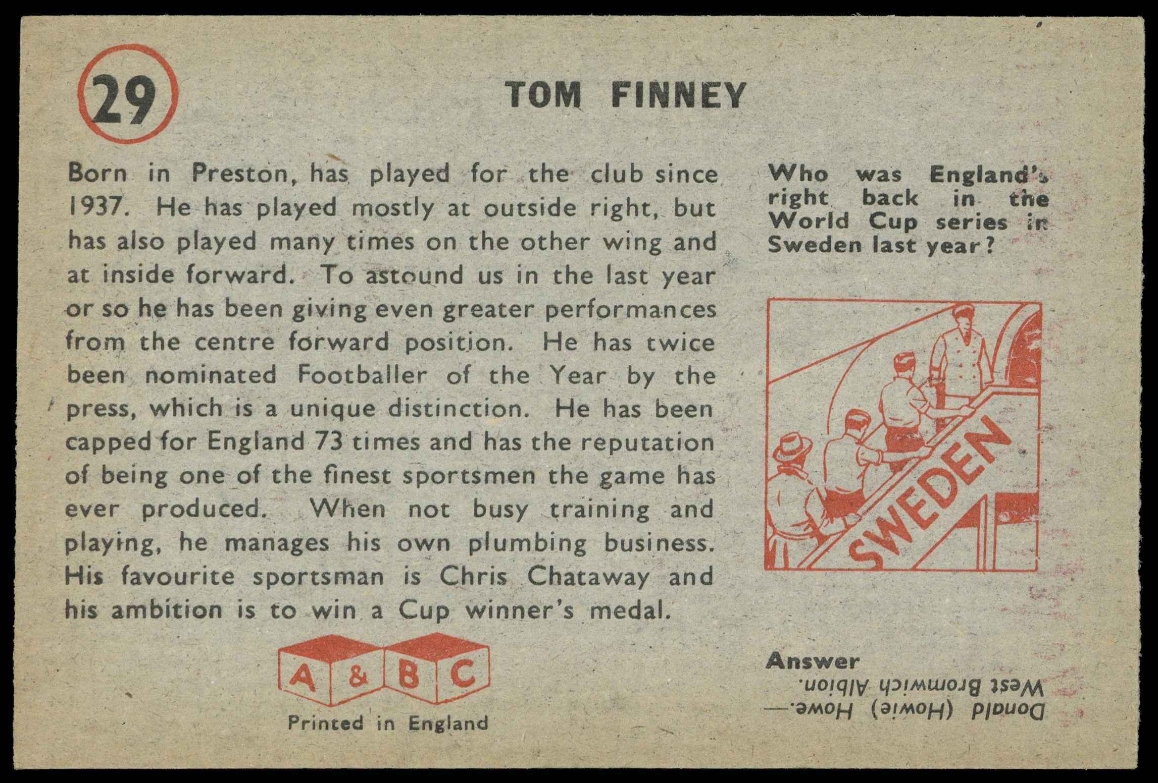 A&BC - 'Footballers (1958/59 Planet)' (1958) - Tom Finney (Preston) A&BC - 'Footballers (1958/59 Planet)' (1958) - Tom Finney (Preston)