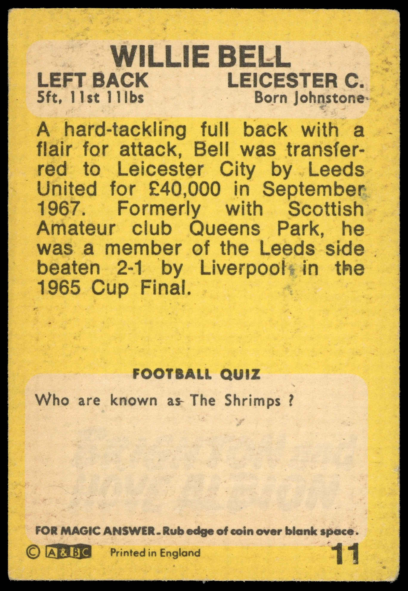 A&BC - 'Footballers (1968/69 - English Series 1)' (1968) - Willie Bell (Manchester City) A&BC - 'Footballers (1968/69 - English Series 1)' (1968) - Willie Bell (Manchester City)