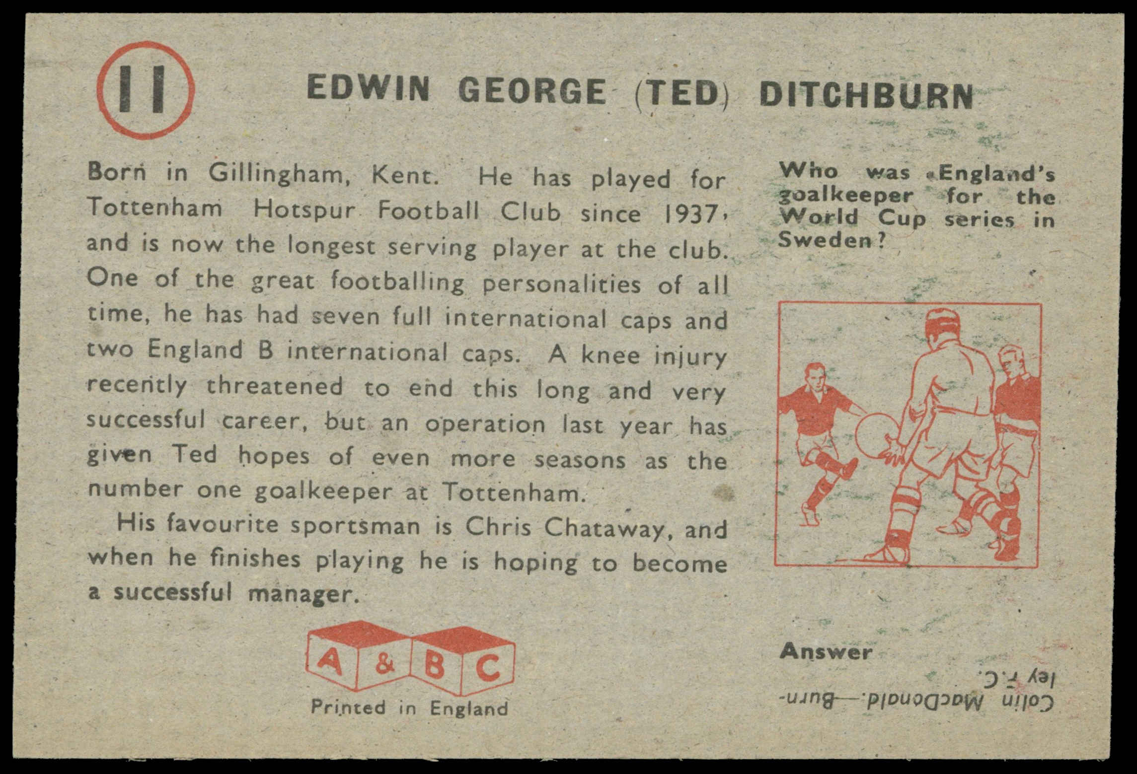 A&BC - 'Footballers (1958/59 Planet)' (1958) - Ted Ditchburn (Spurs) A&BC - 'Footballers (1958/59 Planet)' (1958) - Ted Ditchburn (Spurs)