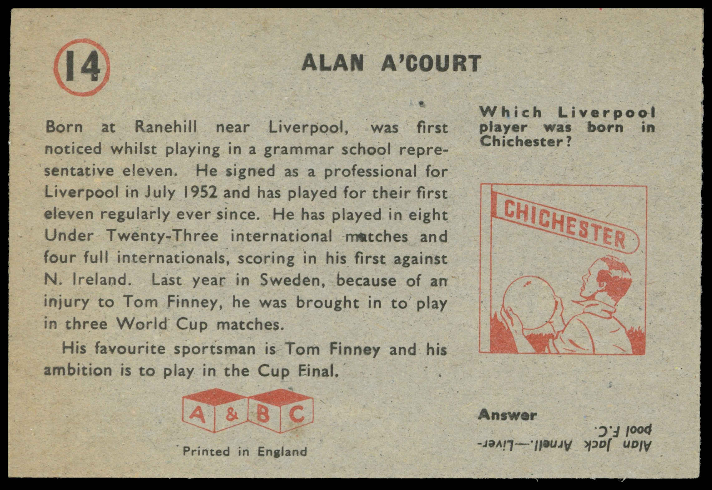 A&BC - 'Footballers (1958/59 Planet)' (1958) - Alan A'Court (Liverpool) A&BC - 'Footballers (1958/59 Planet)' (1958) - Alan A'Court (Liverpool)