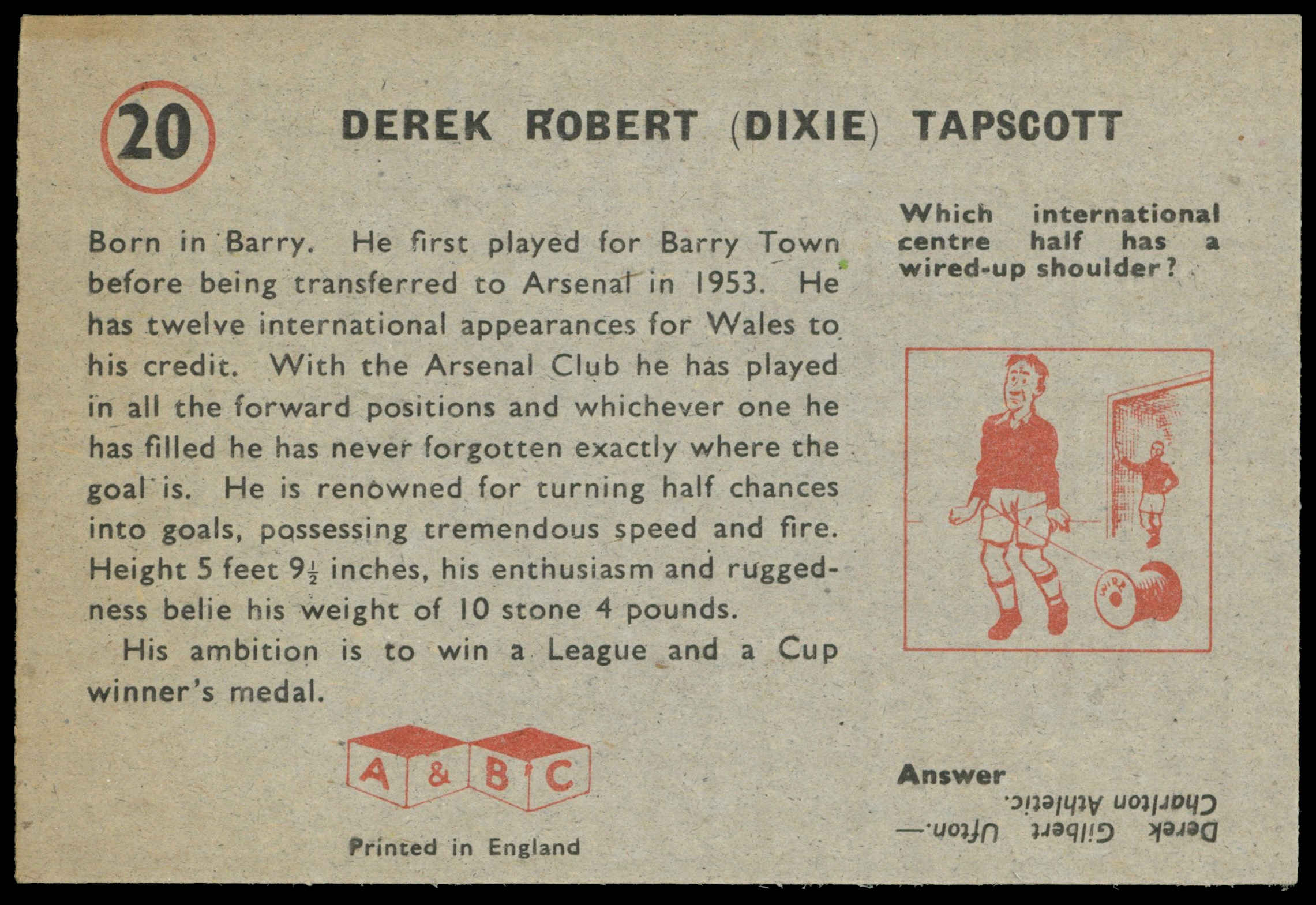 A&BC - 'Footballers (1958/59 Planet)' (1958) - Derek Tapscott (Arsenal) A&BC - 'Footballers (1958/59 Planet)' (1958) - Derek Tapscott (Arsenal)