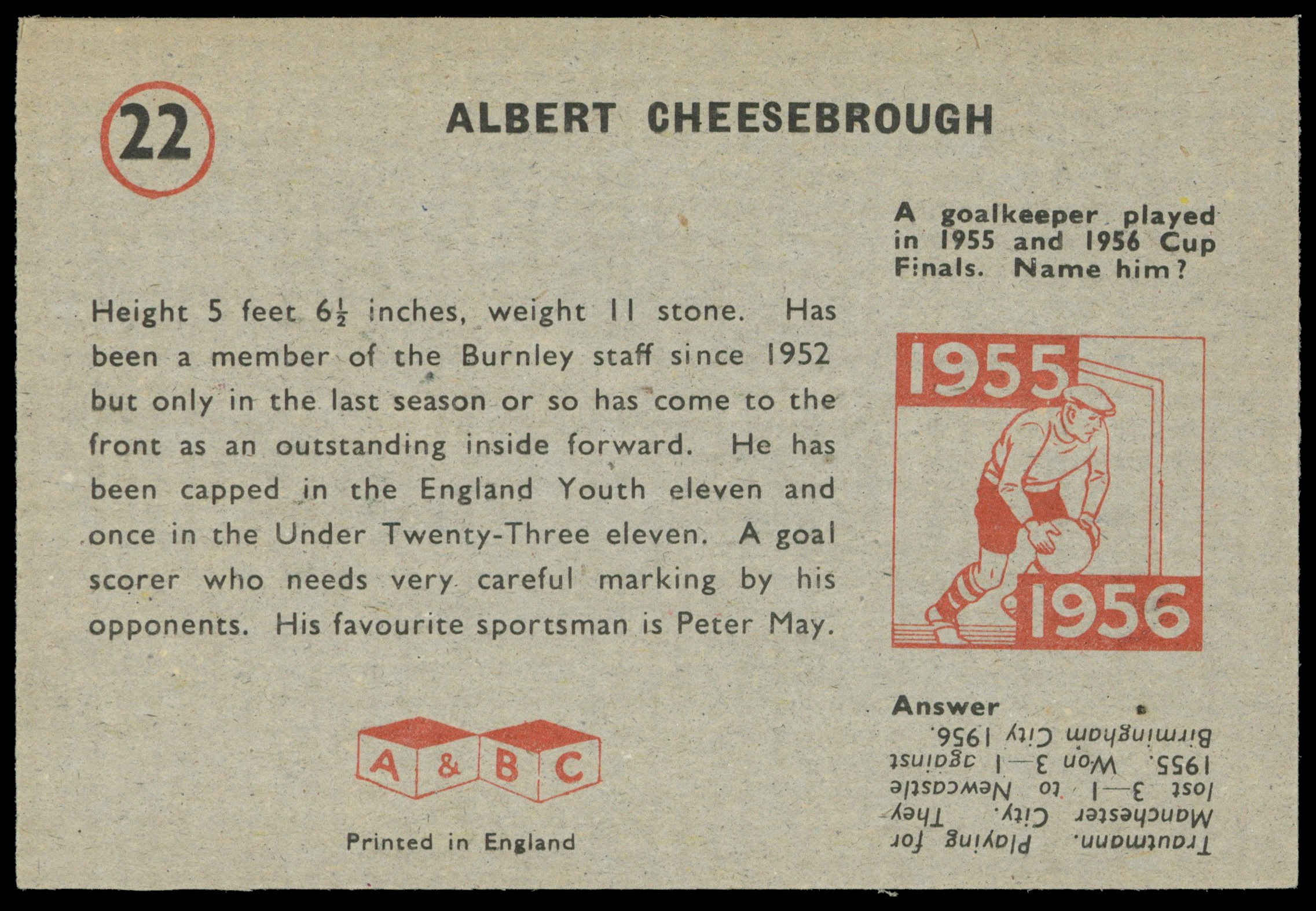 A&BC - 'Footballers (1958/59 Planet)' (1958) - Alan Cheesebrough (Burnley) A&BC - 'Footballers (1958/59 Planet)' (1958) - Alan Cheesebrough (Burnley)