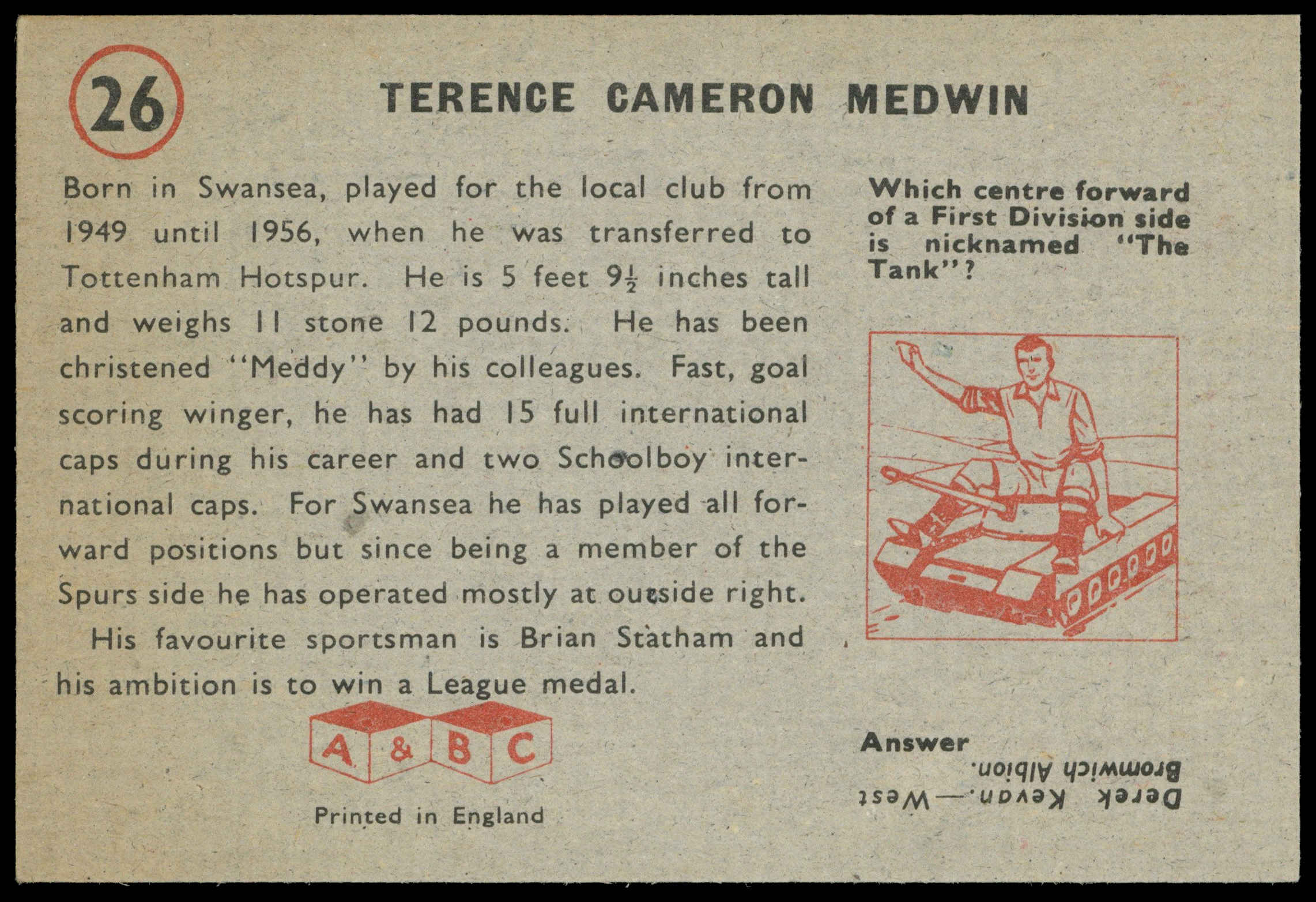A&BC - 'Footballers (1958/59 Planet)' (1958) - Terence Medwin (Spurs) A&BC - 'Footballers (1958/59 Planet)' (1958) - Terence Medwin (Spurs)