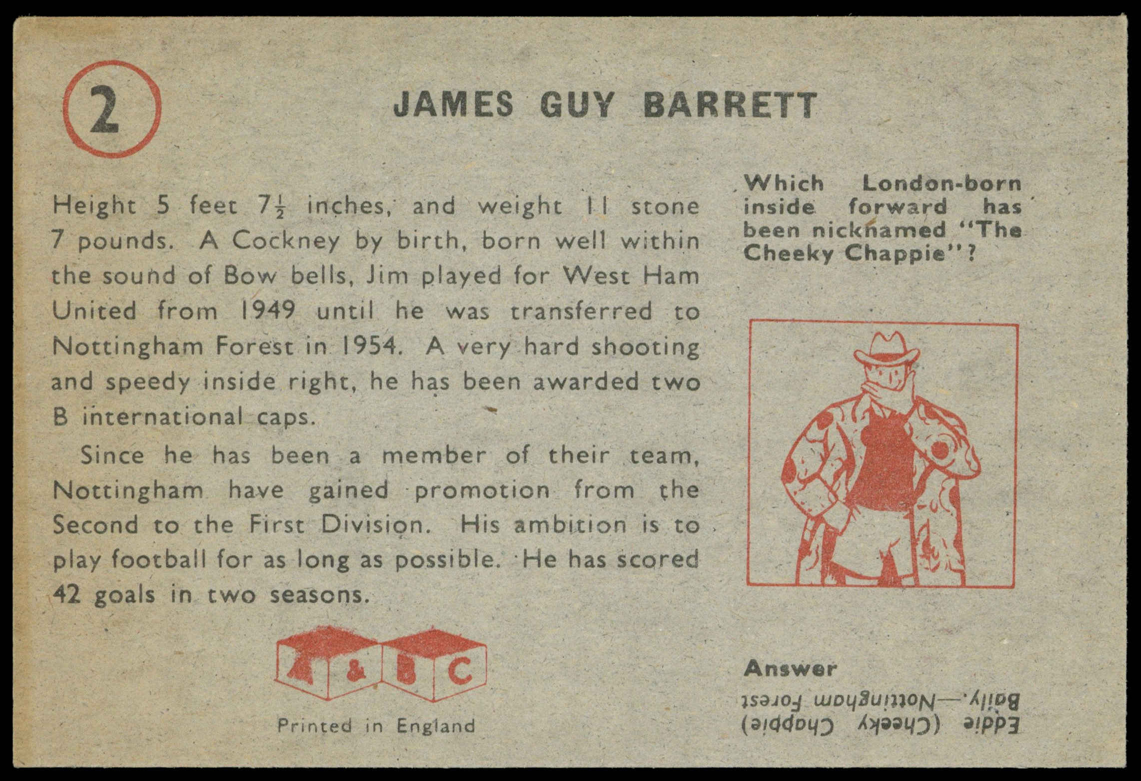 A&BC - 'Footballers (1958/59 Planet)' (1958) - James Guy (Notts Forest) A&BC - 'Footballers (1958/59 Planet)' (1958) - James Guy (Notts Forest)