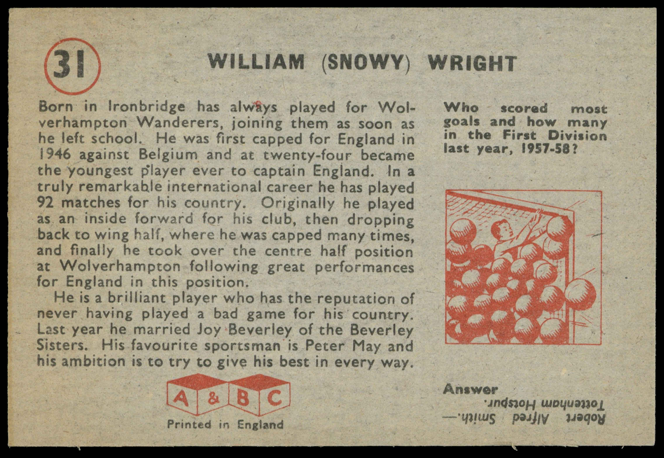 A&BC - 'Footballers (1958/59 Planet)' (1958) - William Wright (Wolves) A&BC - 'Footballers (1958/59 Planet)' (1958) - William Wright (Wolves)