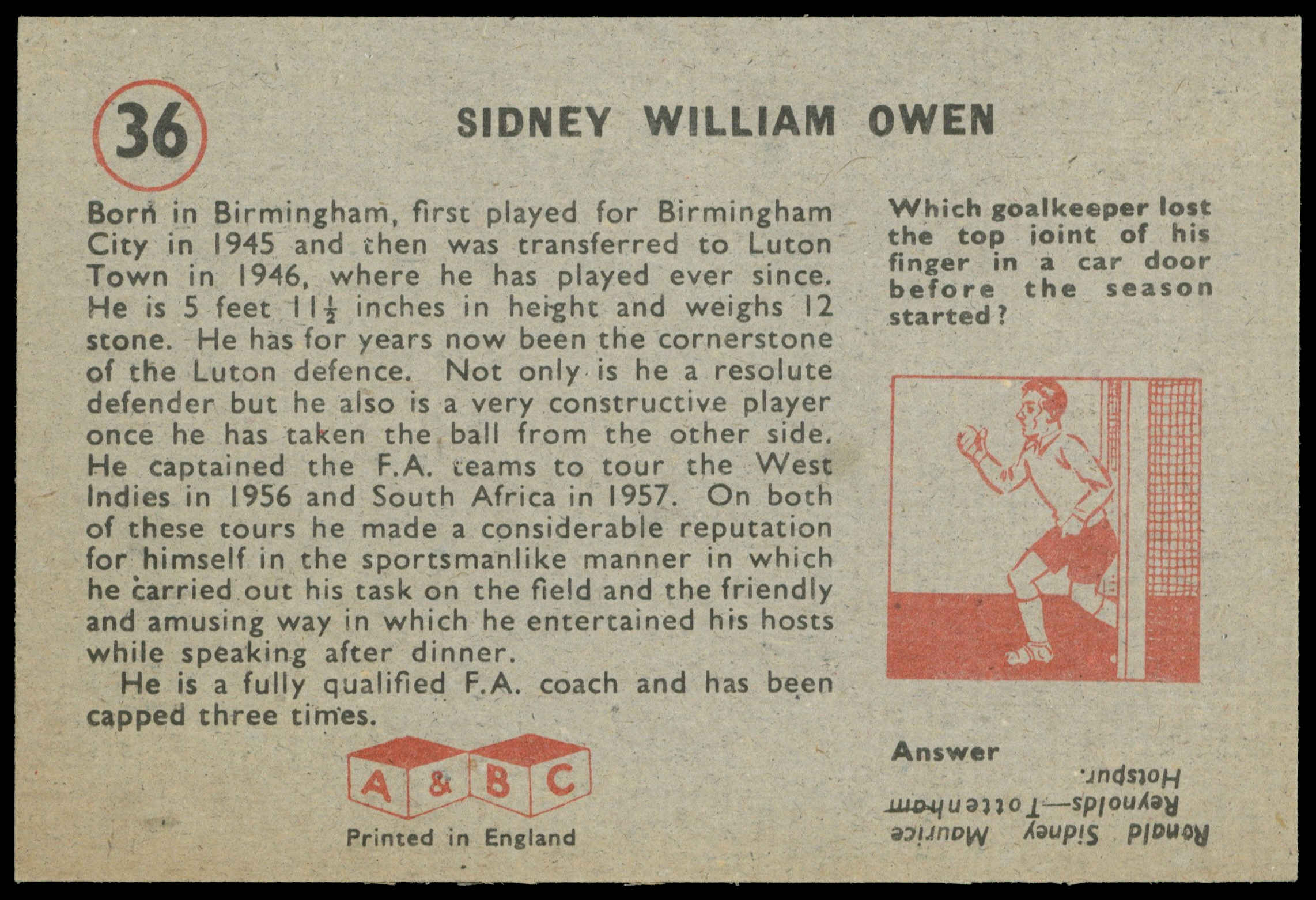 A&BC - 'Footballers (1958/59 Planet)' (1958) - Sydney Owen (Luton Town) A&BC - 'Footballers (1958/59 Planet)' (1958) - Sydney Owen (Luton Town)