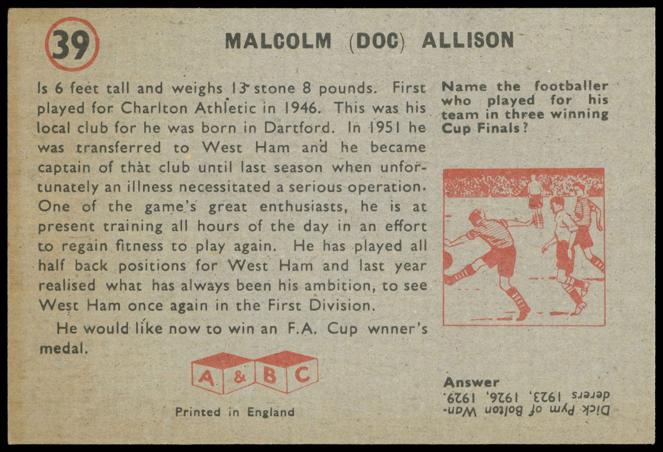 A&BC - 'Footballers (1958/59 Planet)' (1958) - Malcolm Allison (West Ham) A&BC - 'Footballers (1958/59 Planet)' (1958) - Malcolm Allison (West Ham)