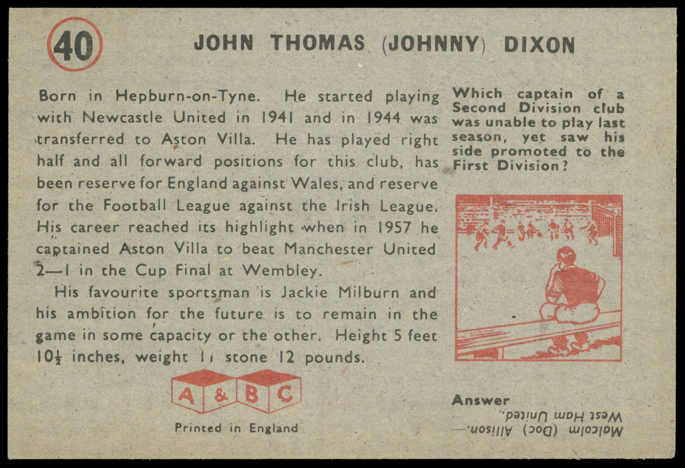 A&BC - 'Footballers (1958/59 Planet)' (1958) - John Dixon (Aston Villa) A&BC - 'Footballers (1958/59 Planet)' (1958) - John Dixon (Aston Villa)