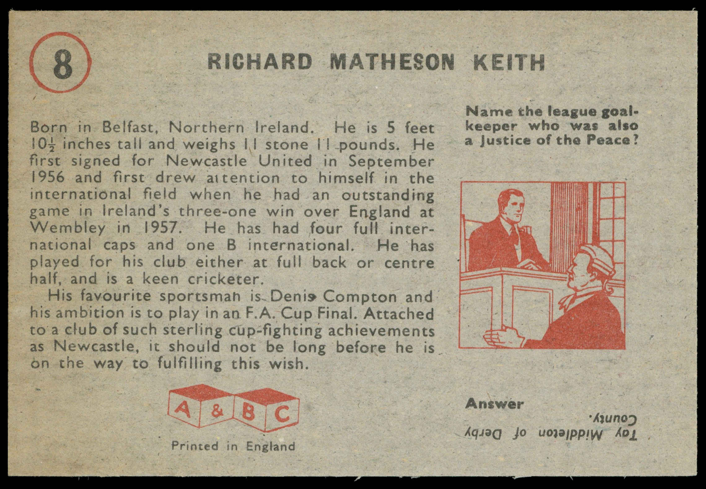 A&BC - 'Footballers (1958/59 Planet)' (1958) - Richard Keith (Newcastle) A&BC - 'Footballers (1958/59 Planet)' (1958) - Richard Keith (Newcastle)