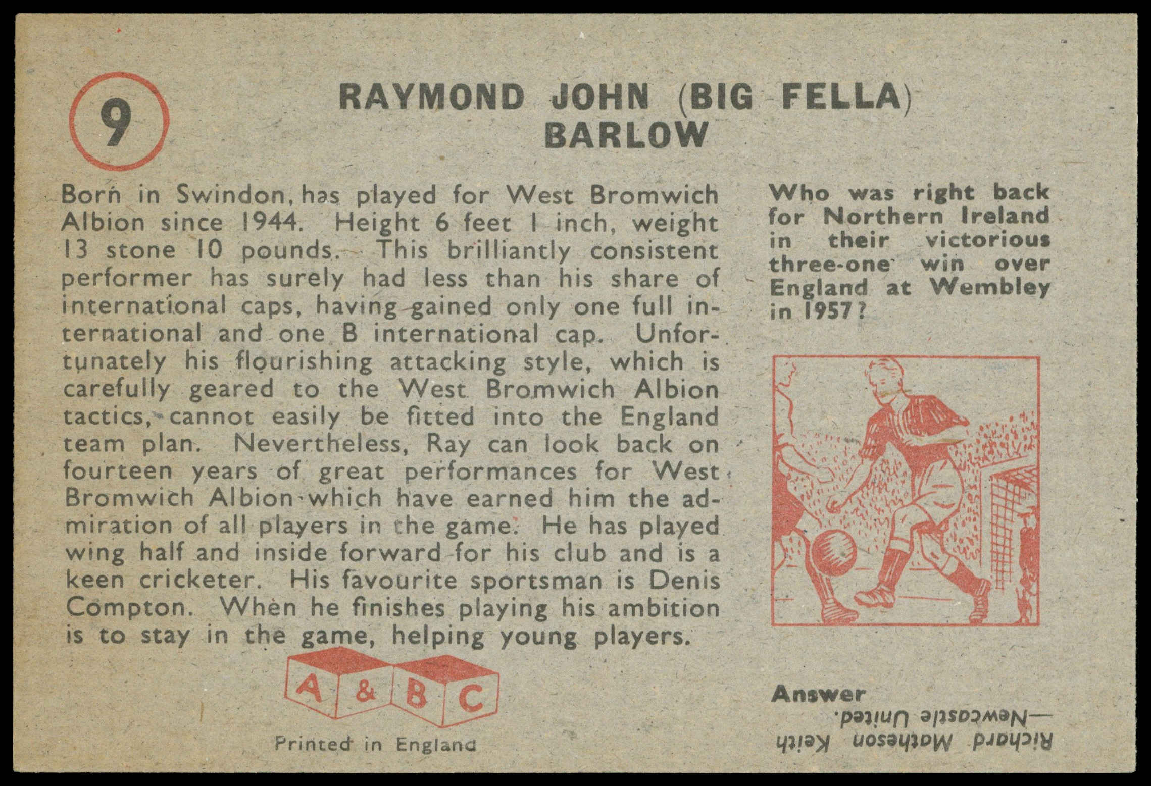 A&BC - 'Footballers (1958/59 Planet)' (1958) - Raymond Barlow (West Brom) A&BC - 'Footballers (1958/59 Planet)' (1958) - Raymond Barlow (West Brom)