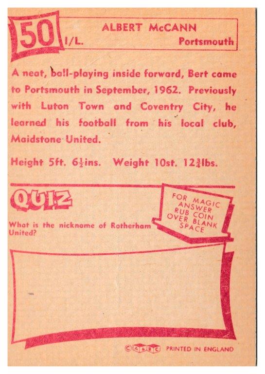 A&BC - 'Footballers (1964/65 - English Series 1)' (1964) - Albert McCann (Portsmouth) A&BC - 'Footballers (1964/65 - English Series 1)' (1964) - Albert McCann (Portsmouth)