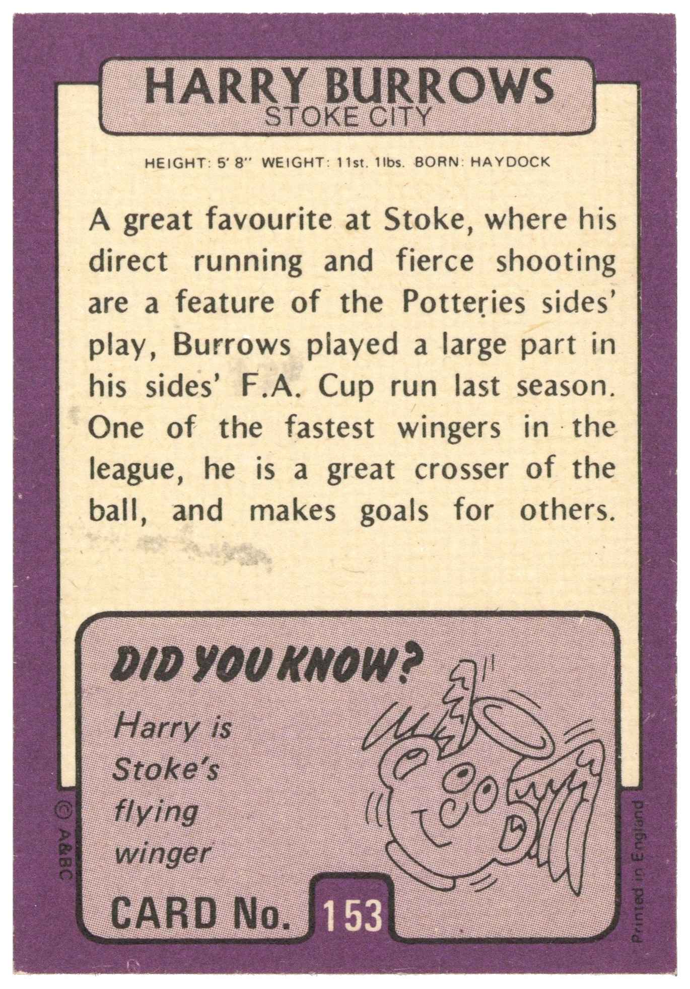 A&BC - 'Footballers 1971/72 S2' (1971) - Harry Burrows (Stoke City) A&BC - 'Footballers 1971/72 S2' (1971) - Harry Burrows (Stoke City)