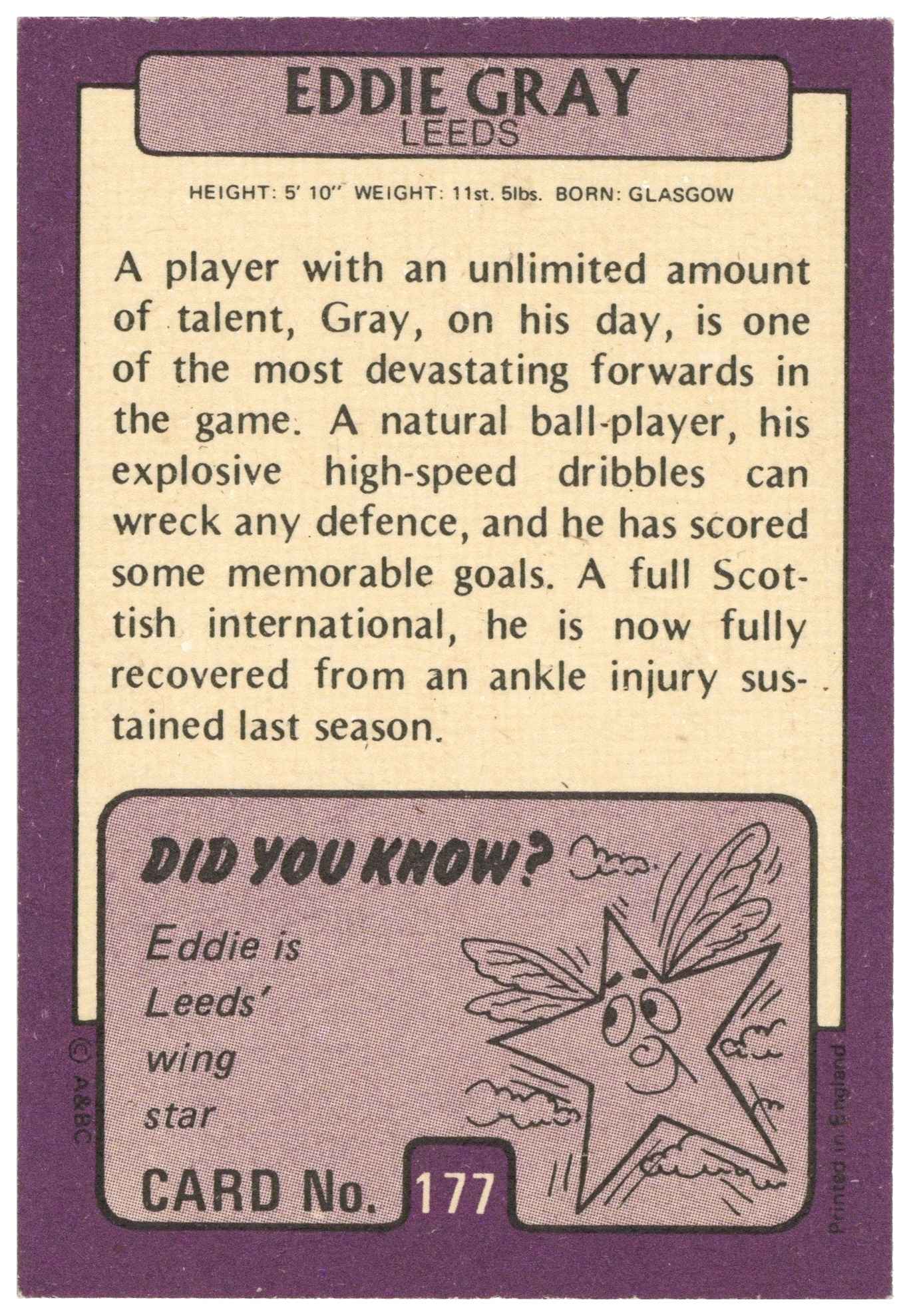 A&BC - 'Footballers 1971/72 S2' (1971) - Eddie Gray (Leeds United) A&BC - 'Footballers 1971/72 S2' (1971) - Eddie Gray (Leeds United)