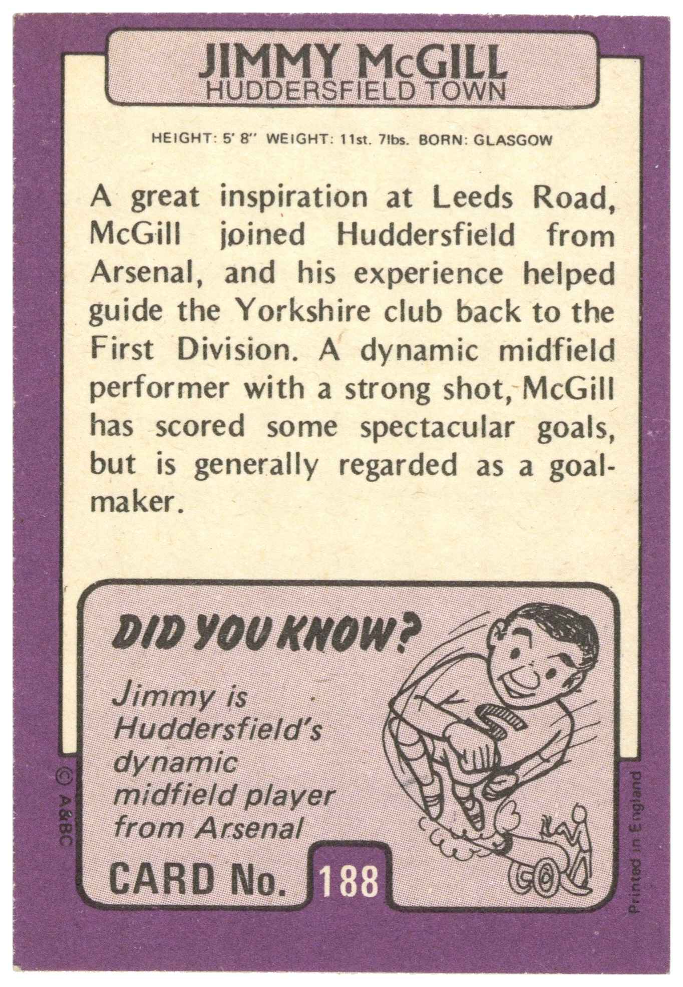 A&BC - 'Footballers 1971/72 S2' (1971) - Jimmy McGill (Huddersfield Town) A&BC - 'Footballers 1971/72 S2' (1971) - Jimmy McGill (Huddersfield Town)