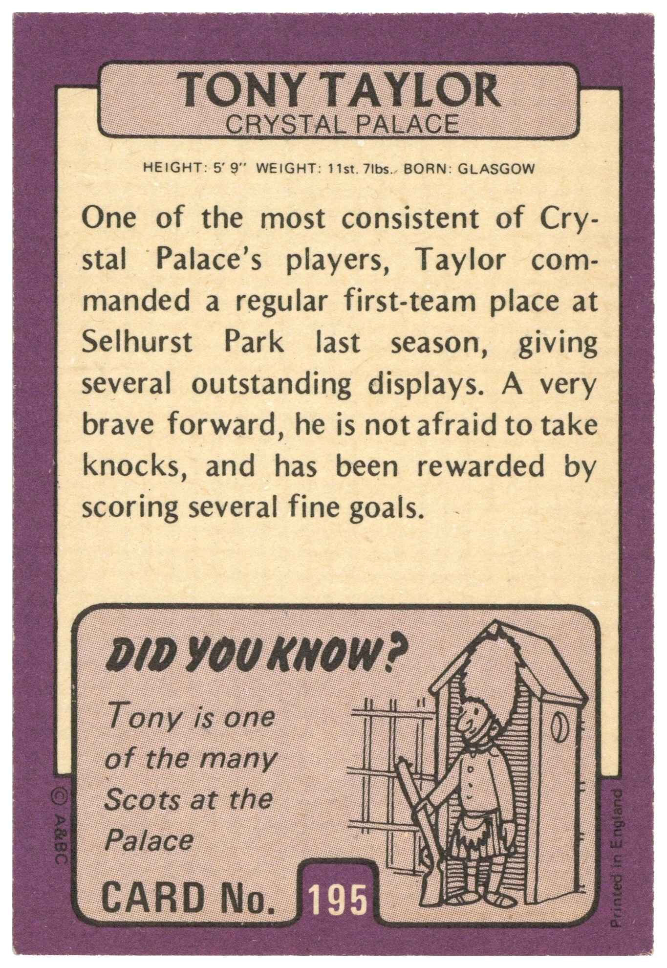 A&BC - 'Footballers 1971/72 S2' (1971) - Tony Taylor (Crystal Palace) A&BC - 'Footballers 1971/72 S2' (1971) - Tony Taylor (Crystal Palace)