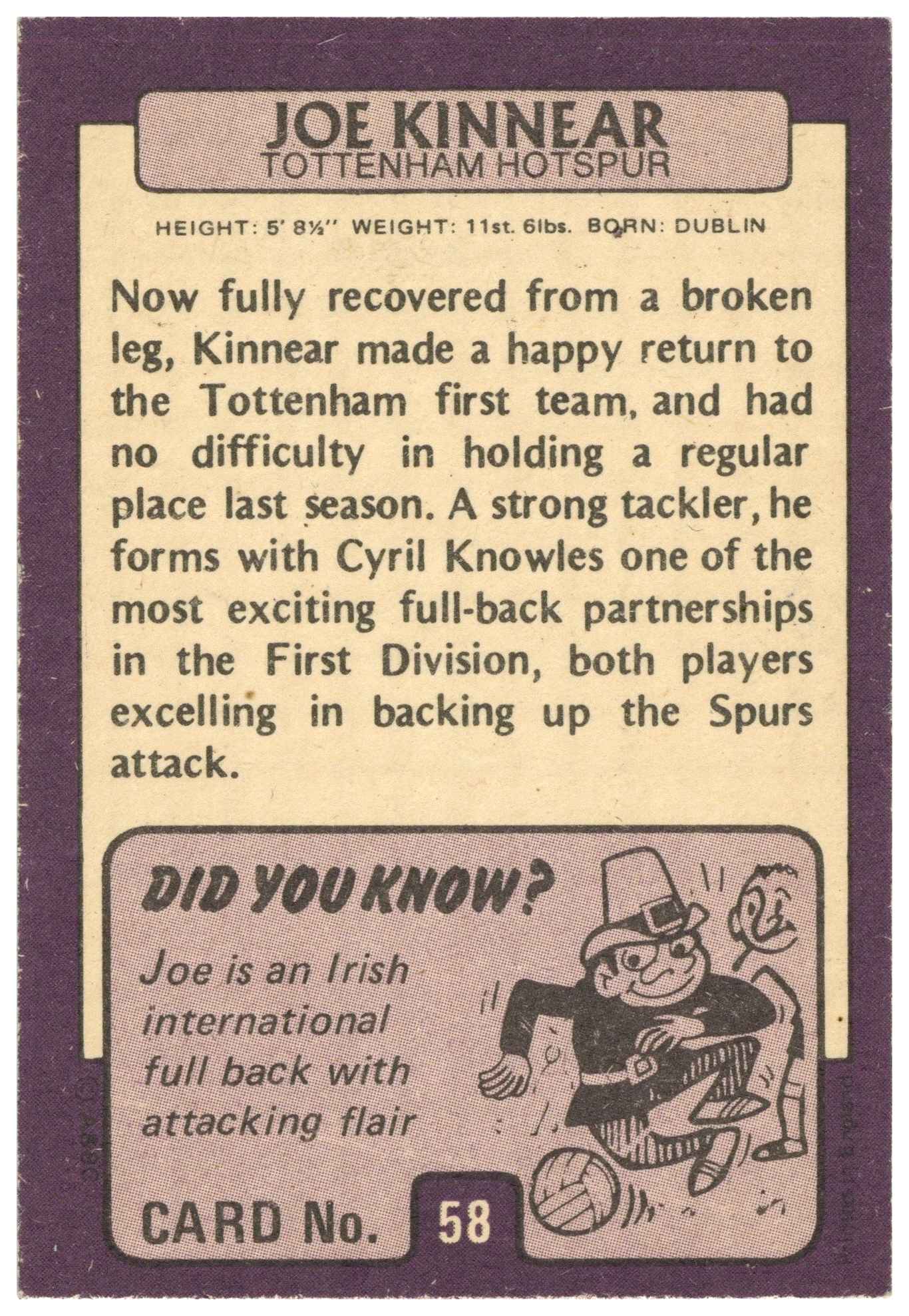 A&BC - 'Footballers 1971/72 S1' (1971) - Joe Kinnear (Tottenham Hotspur) A&BC - 'Footballers 1971/72 S1' (1971) - Joe Kinnear (Tottenham Hotspur)