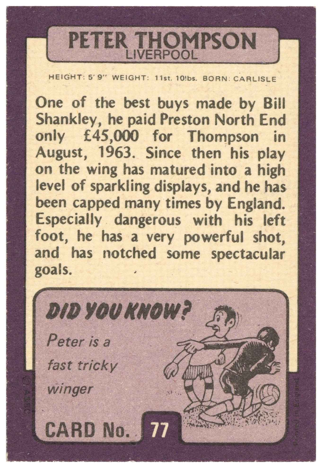 A&BC - 'Footballers 1971/72 S1' (1971) - Peter Thompson (Liverpool) A&BC - 'Footballers 1971/72 S1' (1971) - Peter Thompson (Liverpool)