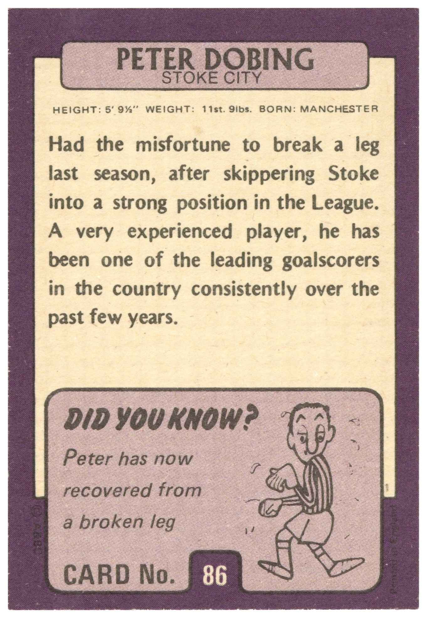 A&BC - 'Footballers 1971/72 S1' (1971) - Peter Dobing (Stoke City) A&BC - 'Footballers 1971/72 S1' (1971) - Peter Dobing (Stoke City)
