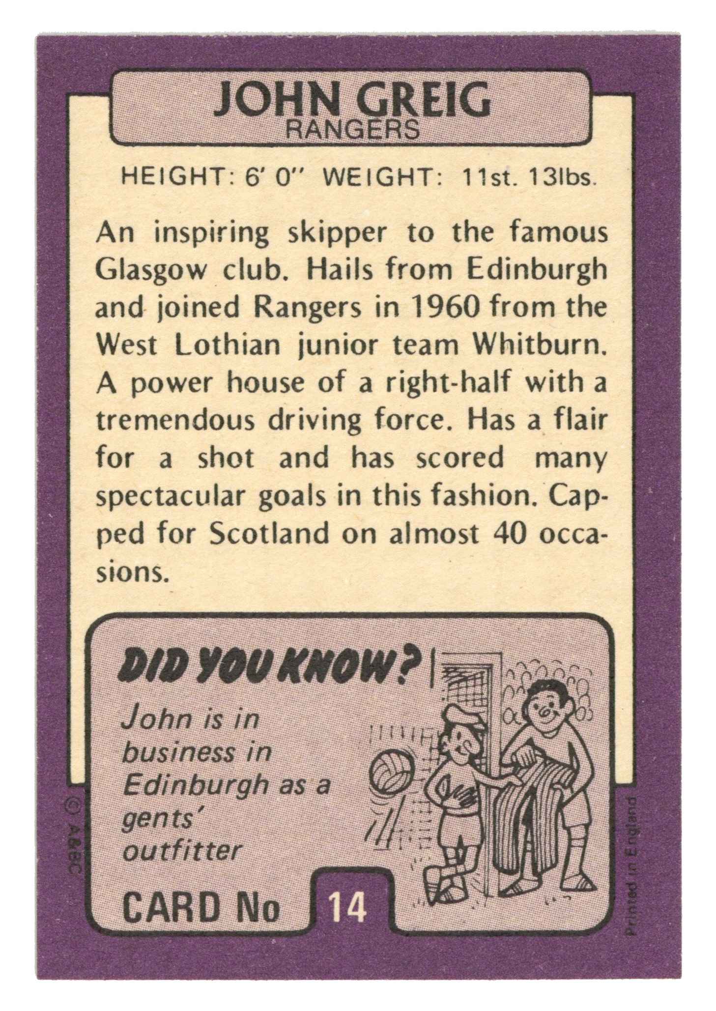 A&BC - John Greig (Rangers) - 'Footballers (1971 Scottish)' - (1971) A&BC - John Greig (Rangers) - 'Footballers (1971 Scottish)' - (1971)