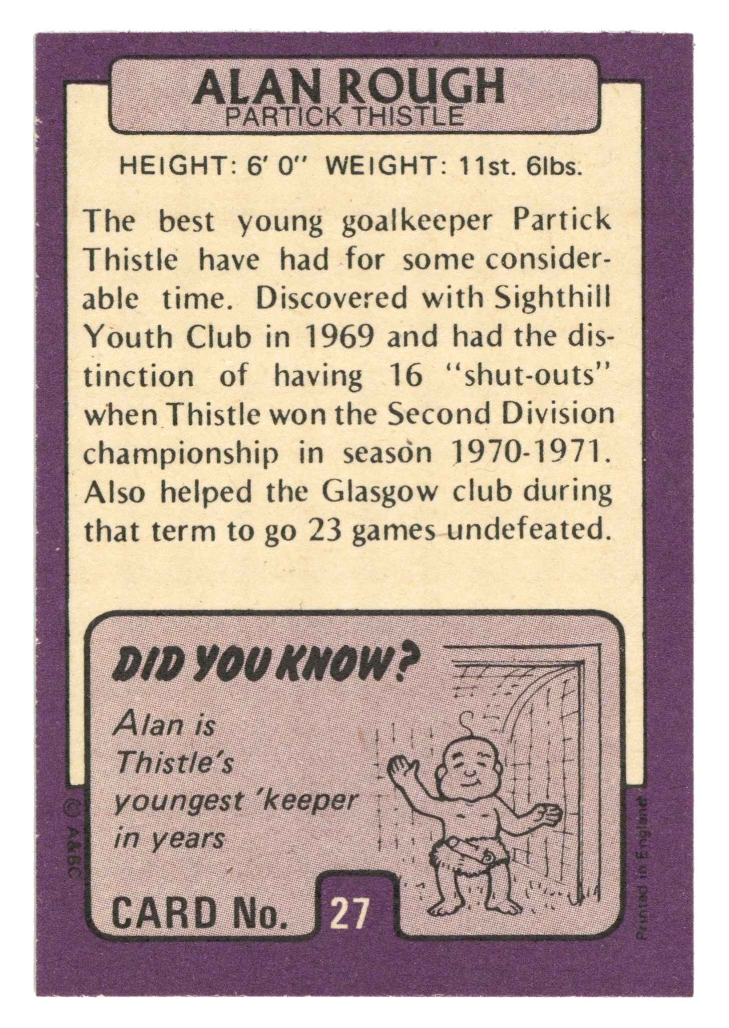 A&BC – Alan Rough (Partick Thistle) – ‘Footballers (1971 Scottish ...