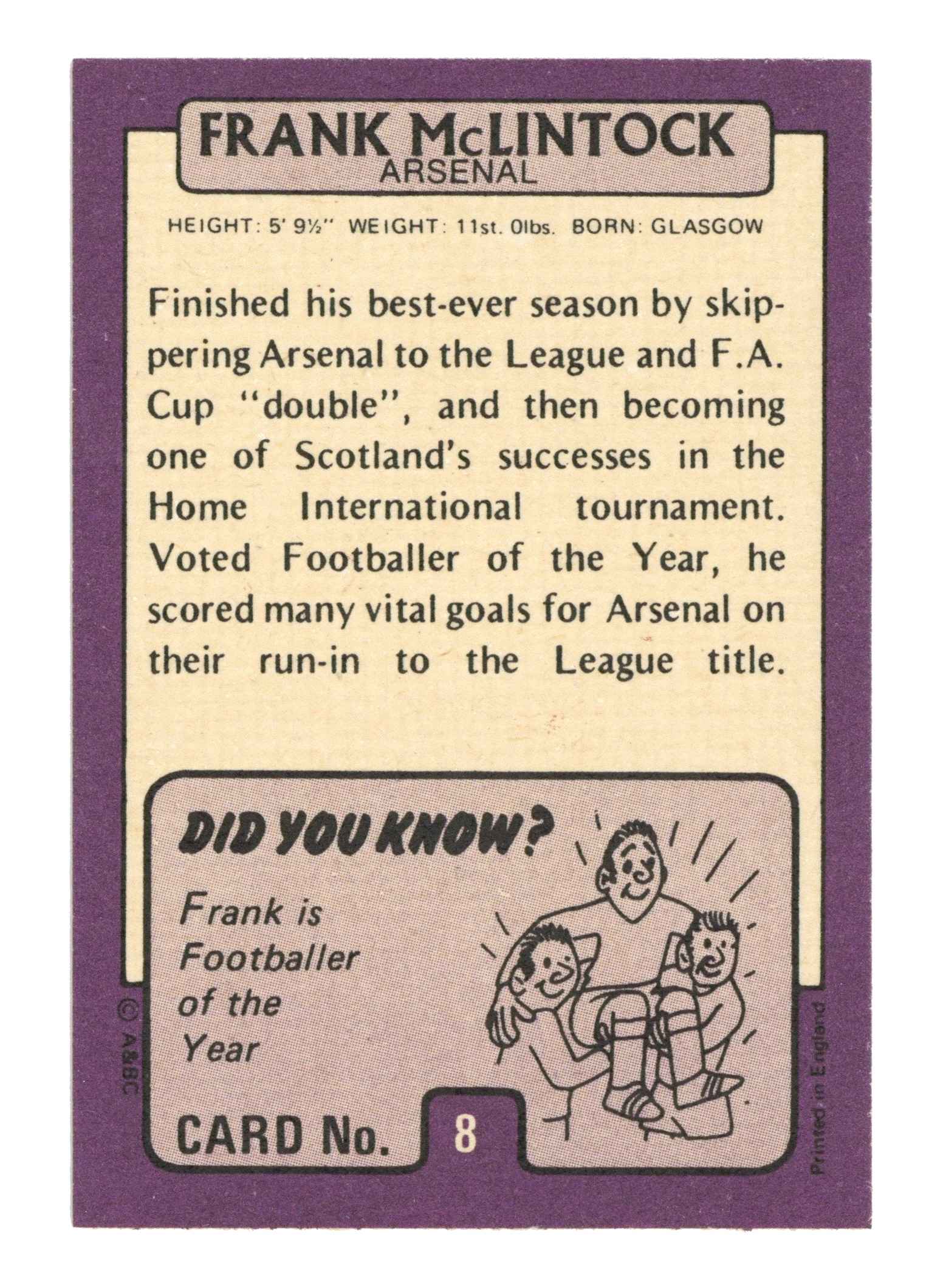 A&BC - Frank McLintock (Arsenal) - 'Footballers (1971 Scottish)' - (1971) A&BC - Frank McLintock (Arsenal) - 'Footballers (1971 Scottish)' - (1971)
