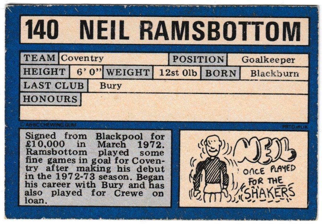 Neil Ramsbottom Footballer A&BC – ‘Footballers (1973-74 S2 Blue Back)’ (1973) – Card #140 – Neil ...