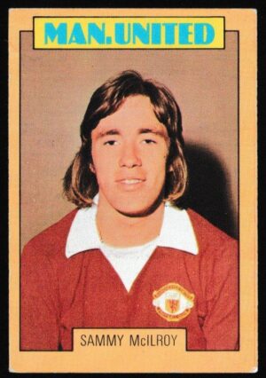 A&BC - 'Footballers (1973-74 S2 Blue Back)' (1973) - Card #160 - Sammy McIlroy (Manchester Utd)