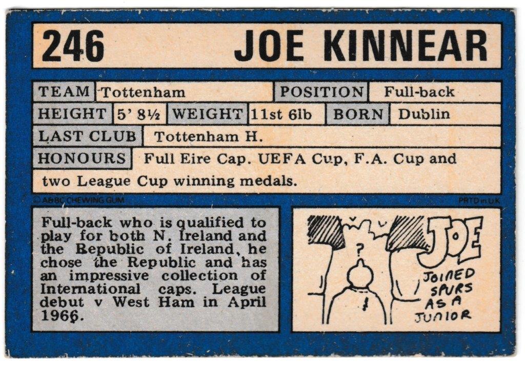 A&BC - 'Footballers (1973-74 S2 Blue Back)' (1973) - Card #246 - Joe Kinnear (Tottenham) A&BC - 'Footballers (1973-74 S2 Blue Back)' (1973) - Card #246 - Joe Kinnear (Tottenham)