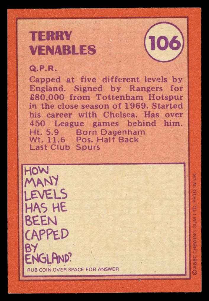 A&BC - 'Footballers (1974/75)' (1973) - Terry Venables (Queens Park Rangers) A&BC - 'Footballers (1974/75)' (1973) - Terry Venables (Queens Park Rangers)