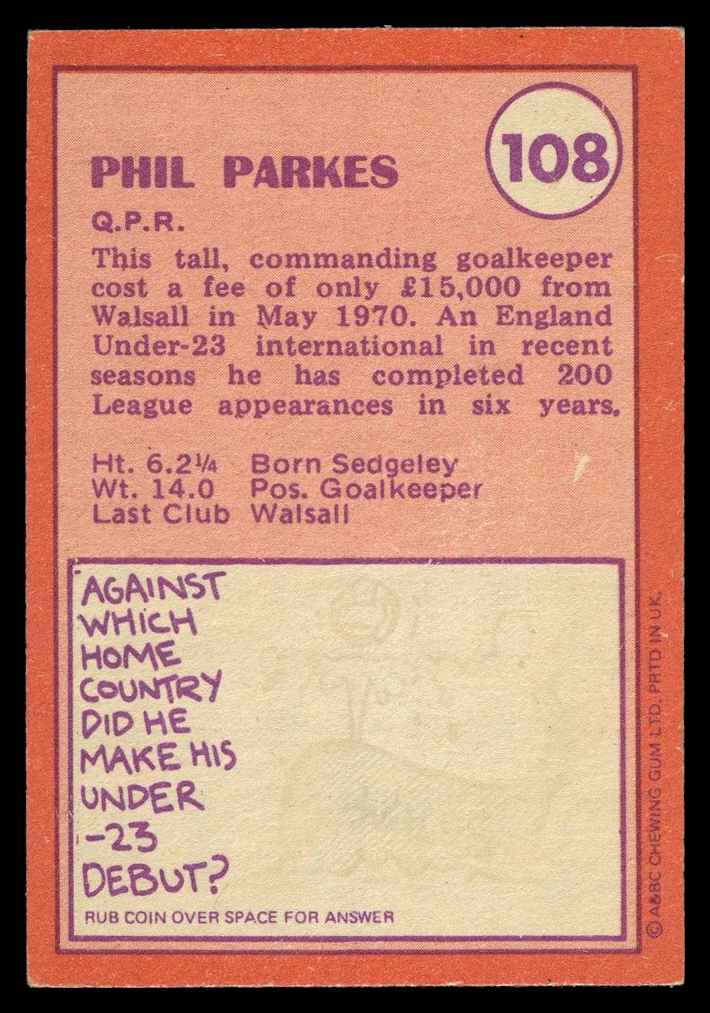 A&BC - 'Footballers (1974/75)' (1973) - Phil Parkes (Queens Park Rangers) A&BC - 'Footballers (1974/75)' (1973) - Phil Parkes (Queens Park Rangers)