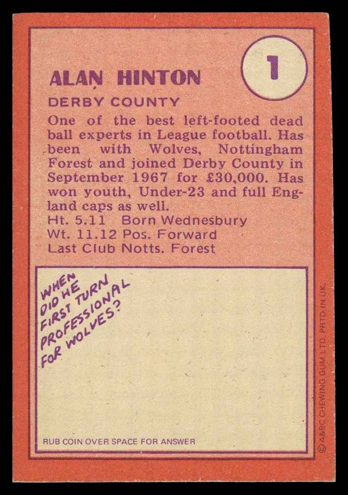 A&BC - 'Footballers (1974/75)' (1973) - Alan Hinton (Derby County) A&BC - 'Footballers (1974/75)' (1973) - Alan Hinton (Derby County)