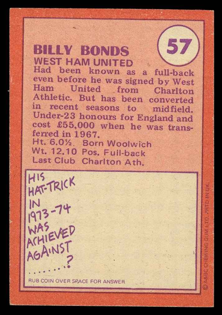 A&BC - 'Footballers (1974/75)' (1973) - Billy Bonds (West Ham United) A&BC - 'Footballers (1974/75)' (1973) - Billy Bonds (West Ham United)