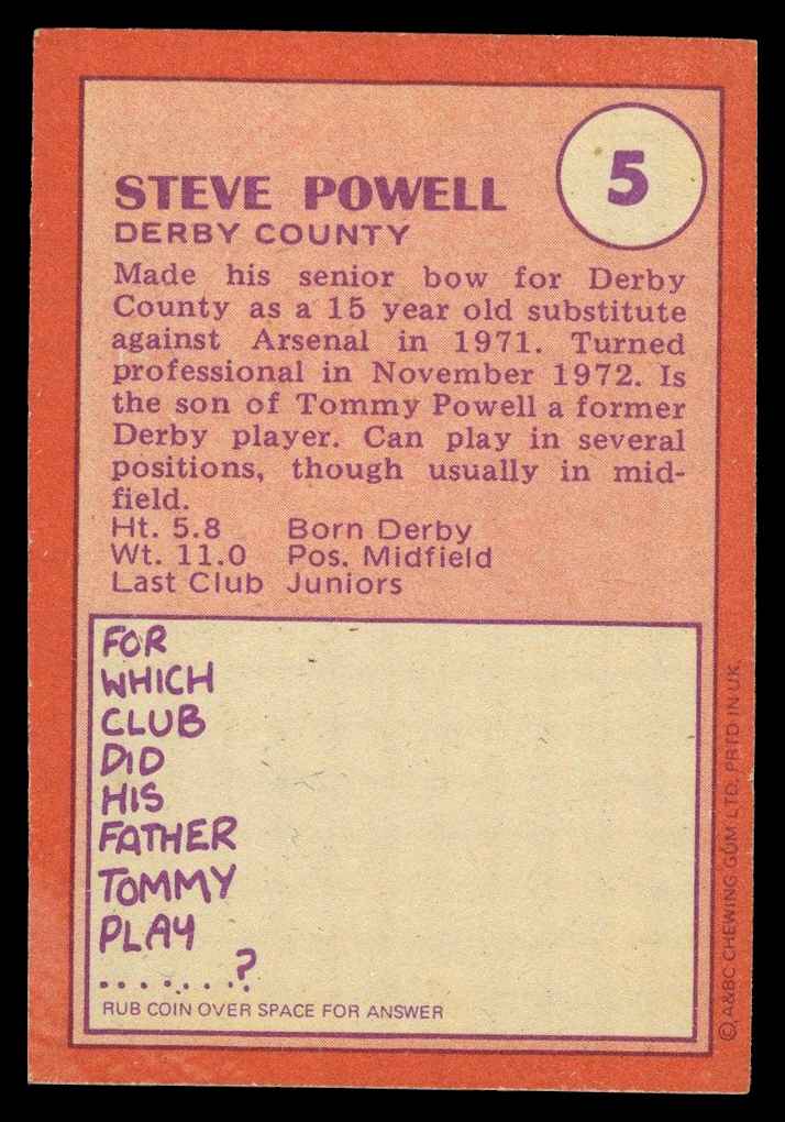 A&BC - 'Footballers (1974/75)' (1973) - Steve Powell (Derby County) A&BC - 'Footballers (1974/75)' (1973) - Steve Powell (Derby County)