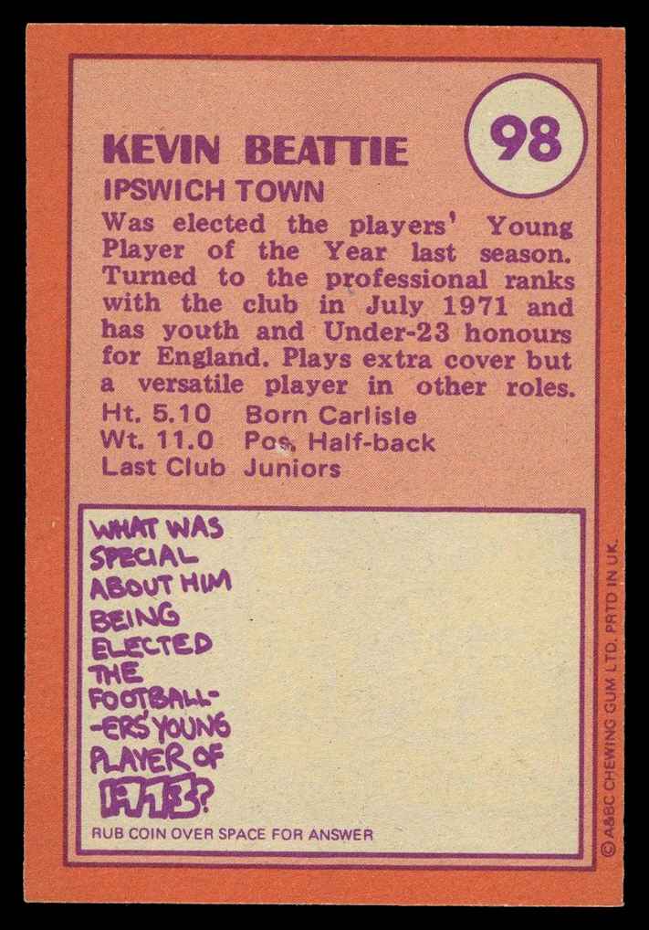A&BC - 'Footballers (1974/75)' (1973) - Kevin Beattie (Ipswich Town) A&BC - 'Footballers (1974/75)' (1973) - Kevin Beattie (Ipswich Town)