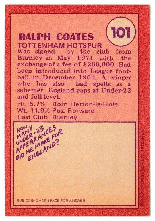 A&BC - 'Footballers (1974/75)' (1974) - Ralph Coates (Tottenham Hotspur) A&BC - 'Footballers (1974/75)' (1974) - Ralph Coates (Tottenham Hotspur)