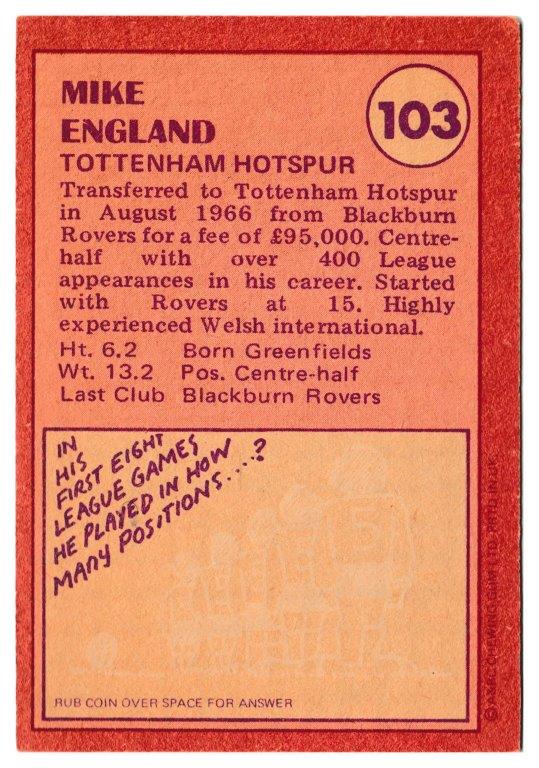 A&BC - 'Footballers (1974/75)' (1974) - Mike England (Tottenham Hotspur) A&BC - 'Footballers (1974/75)' (1974) - Mike England (Tottenham Hotspur)