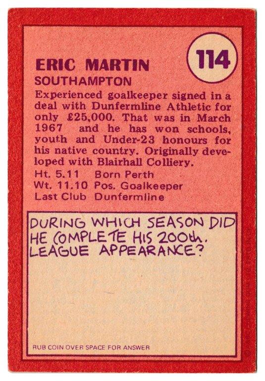 A&BC - 'Footballers (1974/75)' (1974) - Eric Martin (Southampton) A&BC - 'Footballers (1974/75)' (1974) - Eric Martin (Southampton)
