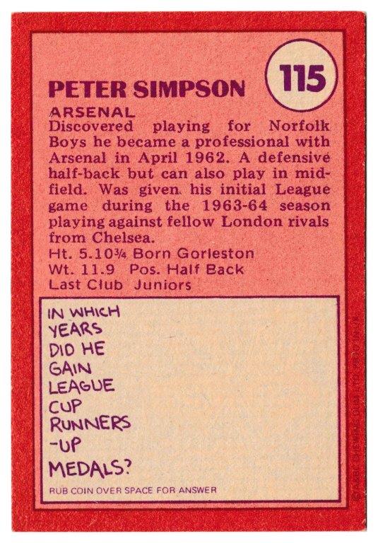 A&BC - 'Footballers (1974/75)' (1974) - Peter Simpson (Arsenal) A&BC - 'Footballers (1974/75)' (1974) - Peter Simpson (Arsenal)