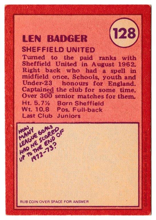 A&BC - 'Footballers (1974/75)' (1974) - Len Badger (Sheffield United) A&BC - 'Footballers (1974/75)' (1974) - Len Badger (Sheffield United)