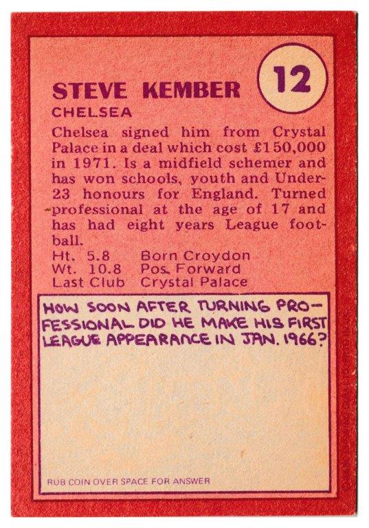 A&BC - 'Footballers (1974/75)' (1974) - Steve Kember (Chelsea) A&BC - 'Footballers (1974/75)' (1974) - Steve Kember (Chelsea)